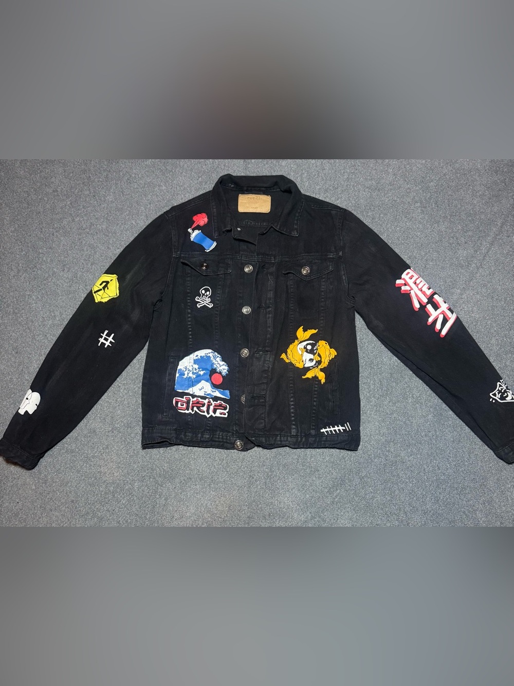 Rue21 Black Graphic Denim Jacket with Colorful Prints